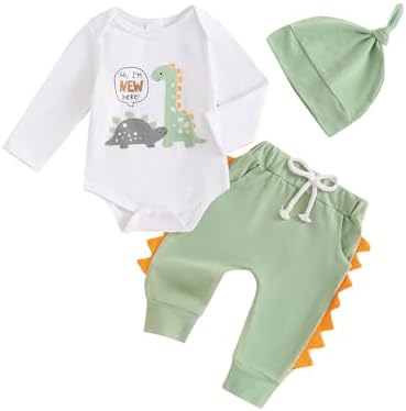 Newborn Baby Boy Dinosaur Romper Jogger Pants Hat Set