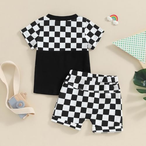 TheFound Toddler Boy Summer Outfit Trendy Checked Print with Elastic Waist