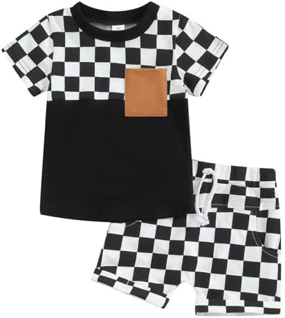 TheFound Toddler Boy Summer Outfit Trendy Checked Print with Elastic Waist