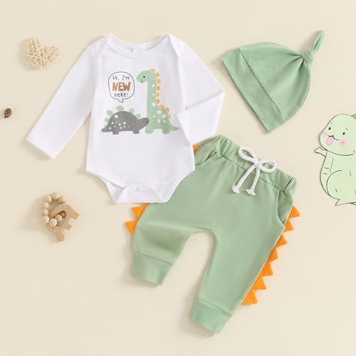 Newborn Baby Boy Dinosaur Romper Jogger Pants Hat Set