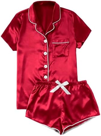 Womens Red Satin Button-Down Pajamas Set Plus Size