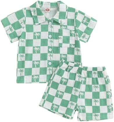 Mandizy Todd Mizy Summer Outfit for Boys - Cute Checkered Palm Tree Printing