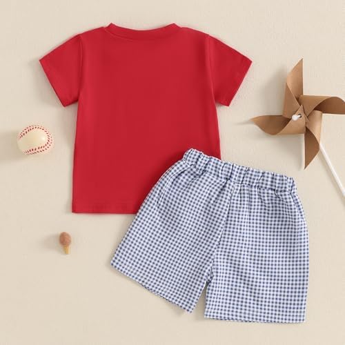 Socutebabe Toddler Baseball Short Sleeve T-Shirt Plaid Shorts Set