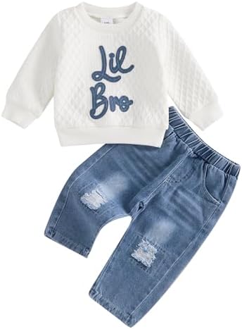 Toddler Fall Clothes Lil Bro Denim Pants Set 2Pcs Boy