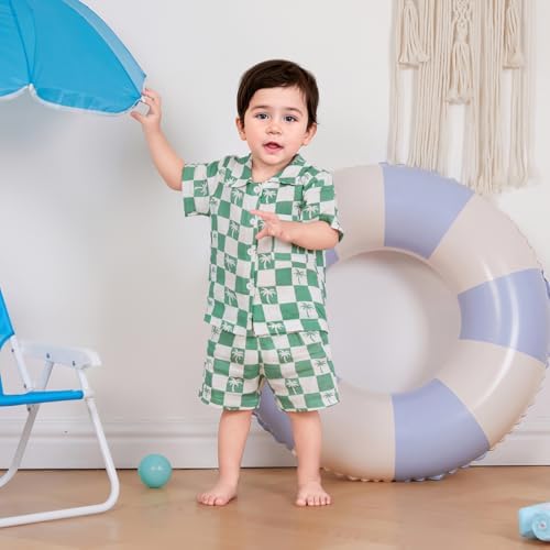 Mandizy Todd Mizy Summer Outfit for Boys - Cute Checkered Palm Tree Printing