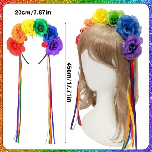 Epic Rainbow Rose Flower Headband with Tassels for Pride Day