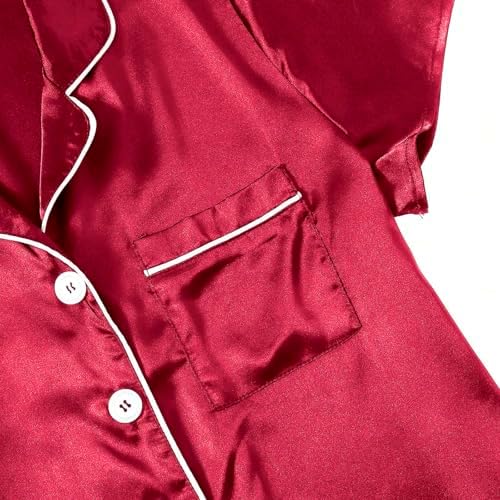 Womens Red Satin Button-Down Pajamas Set Plus Size
