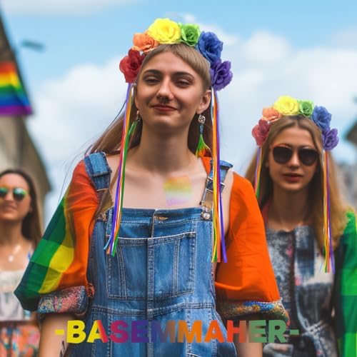 Epic Rainbow Rose Flower Headband with Tassels for Pride Day