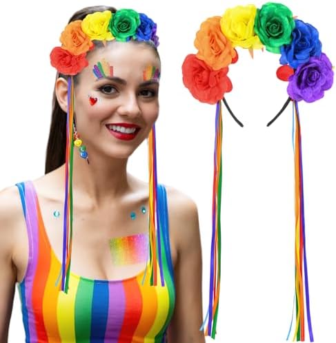 Epic Rainbow Rose Flower Headband with Tassels for Pride Day