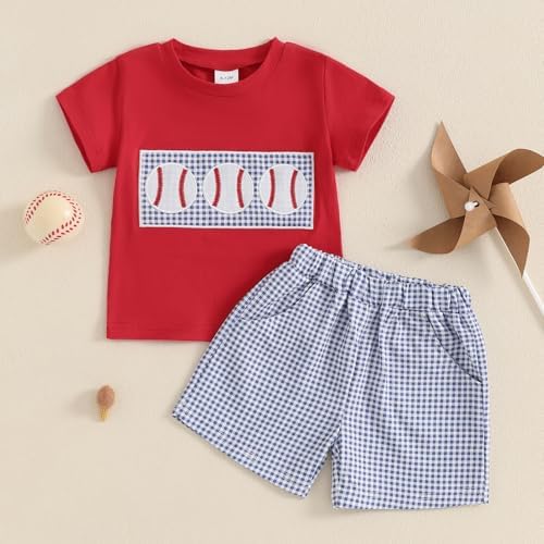 Socutebabe Toddler Baseball Short Sleeve T-Shirt Plaid Shorts Set