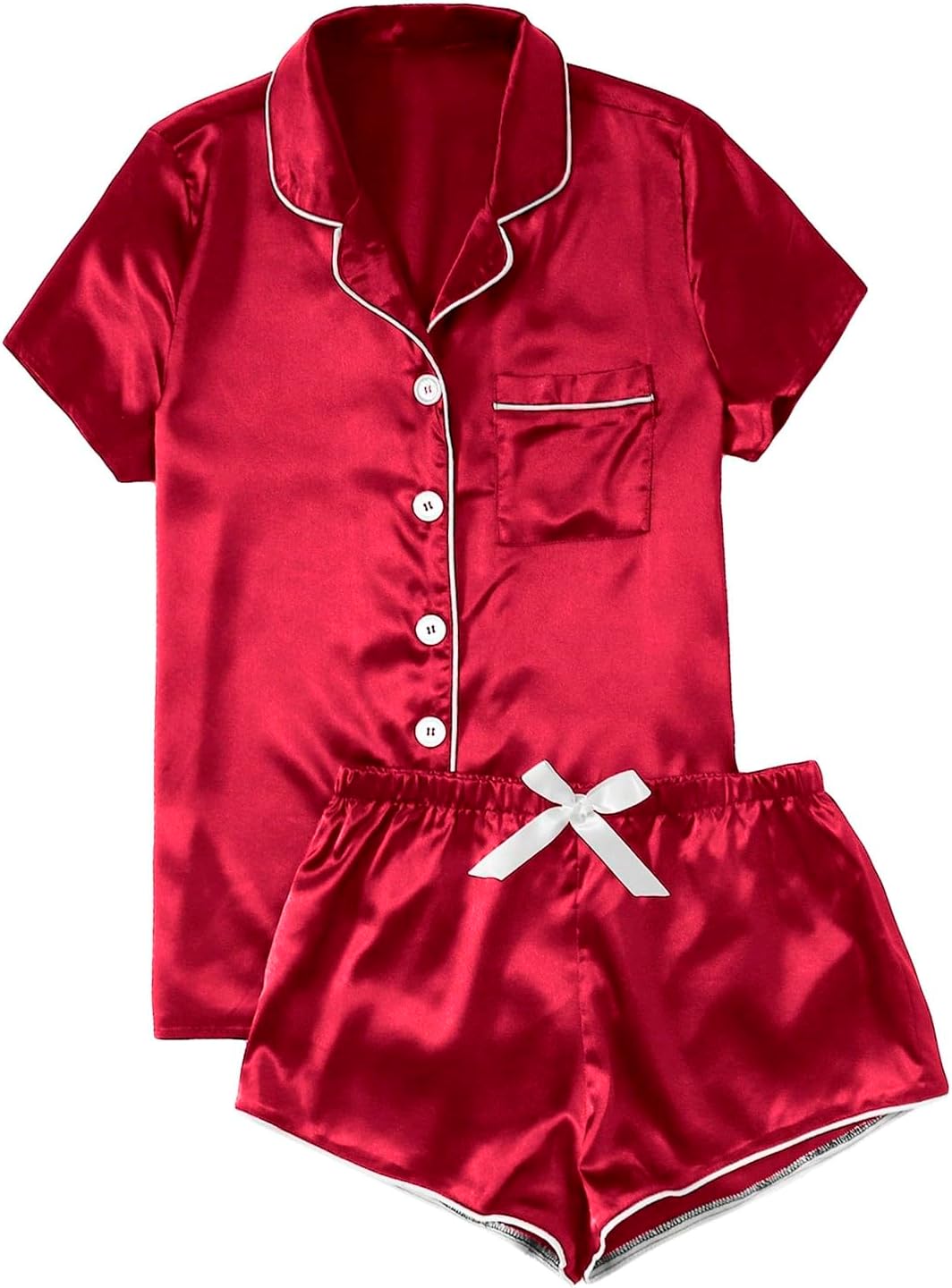 Womens Red Satin Button-Down Pajamas Set Plus Size