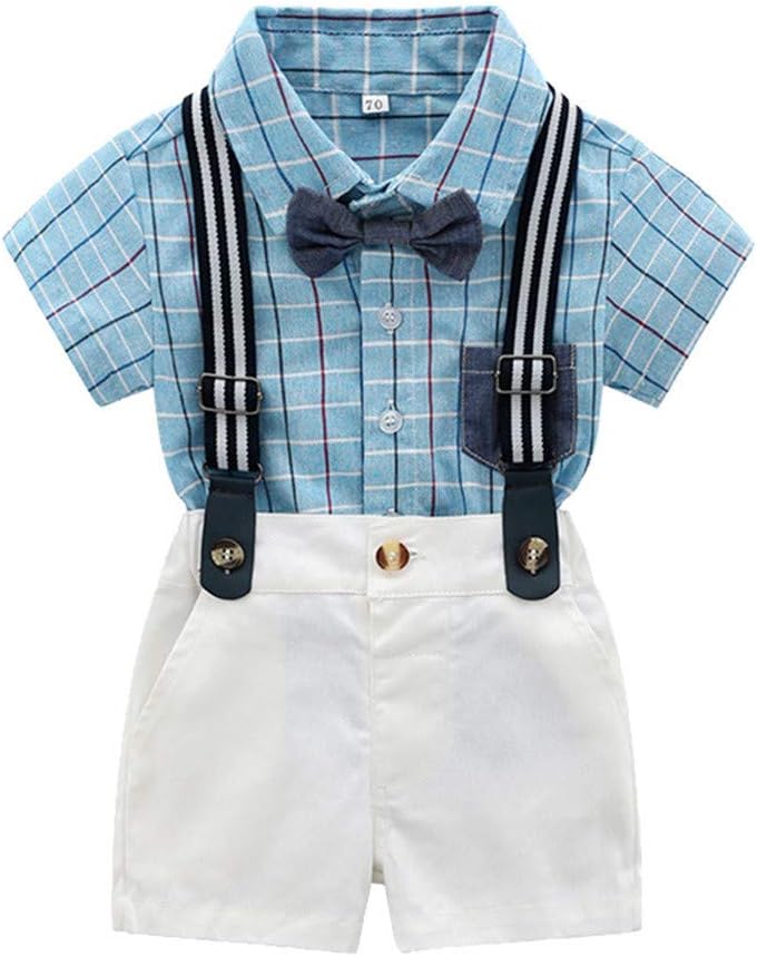 Infant Gentleman Sets Bow Tie Plaid T-Shirts Overalls 0-3 Years