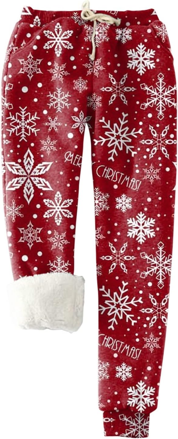SDbrld Womens Cozy High Waisted Sherpa Fleece drawn string Pants Christmas