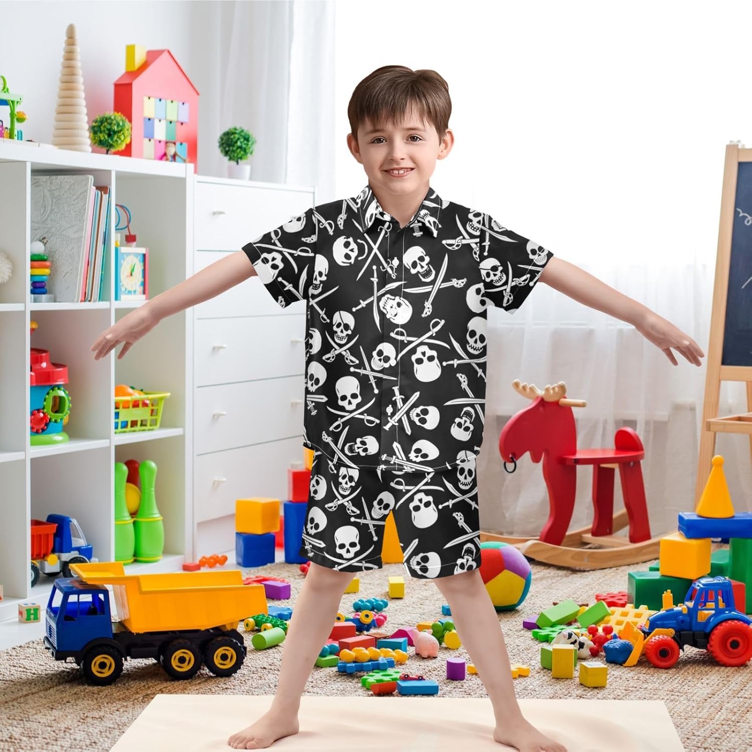 Boys Hawaiian Button Down Shirt Set with Swim Trunks for Summer