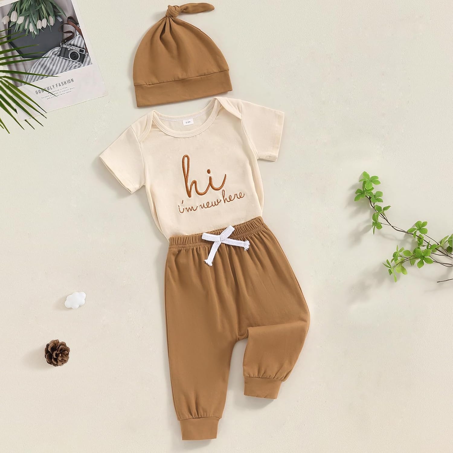 Newborn Boys Coming Home Romper Pants Hat Set - Soft Stylish