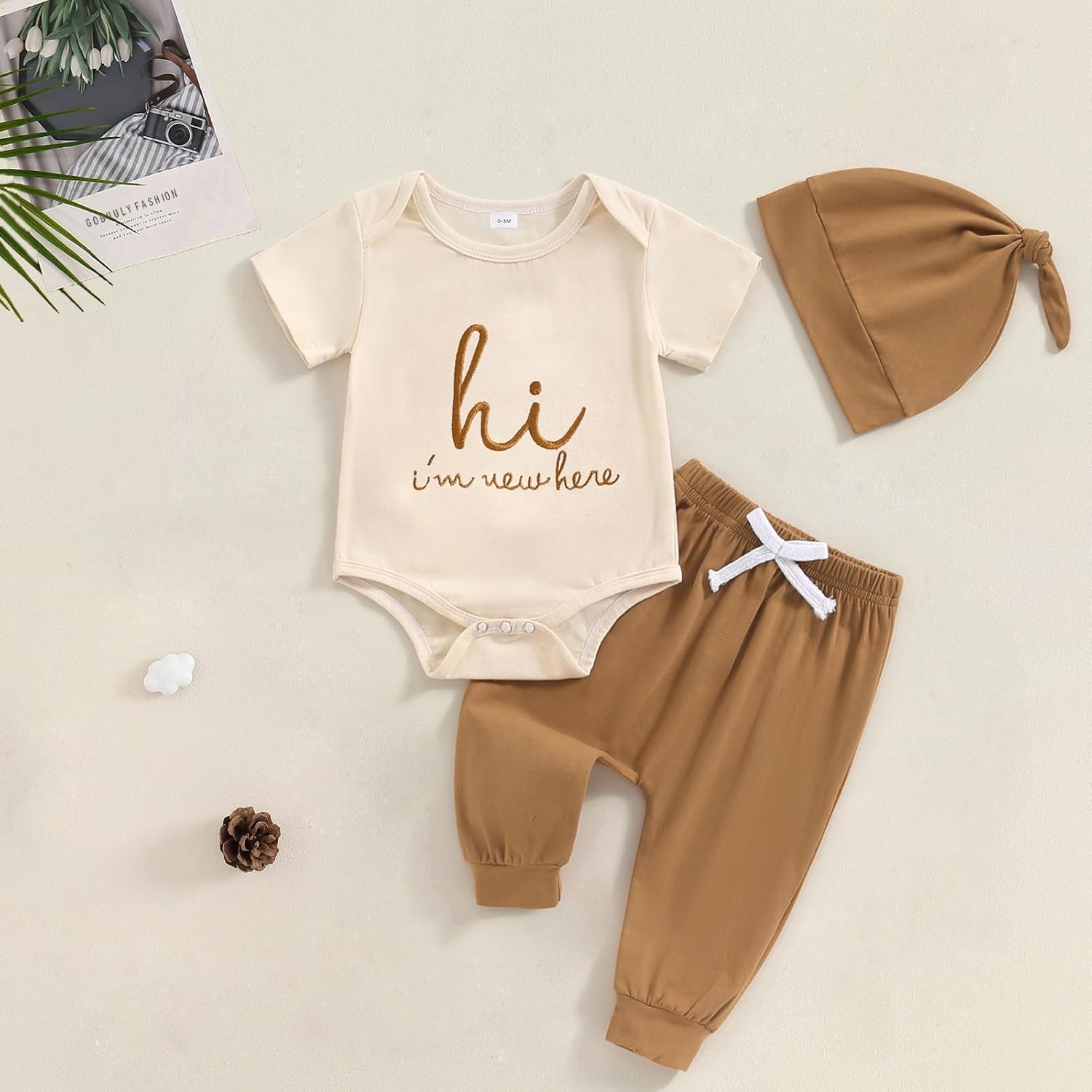 Newborn Boys Coming Home Romper Pants Hat Set - Soft Stylish