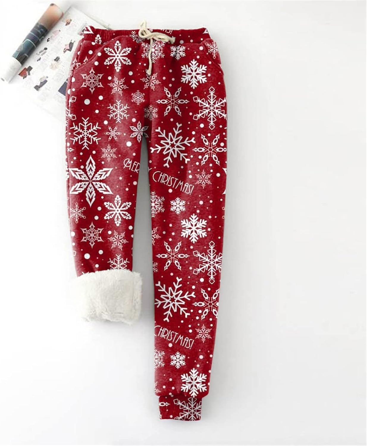 SDbrld Womens Cozy High Waisted Sherpa Fleece drawn string Pants Christmas