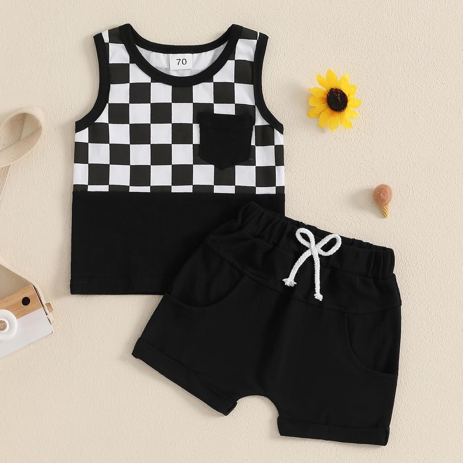 Meiweileya Baby Boy Checkered Tank Short Set