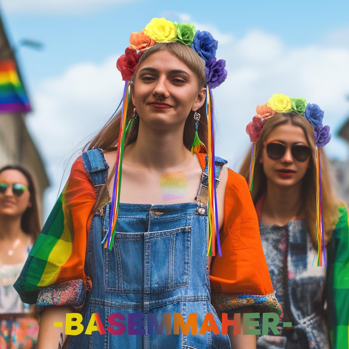 Epic Rainbow Rose Flower Headband with Tassels for Pride Day