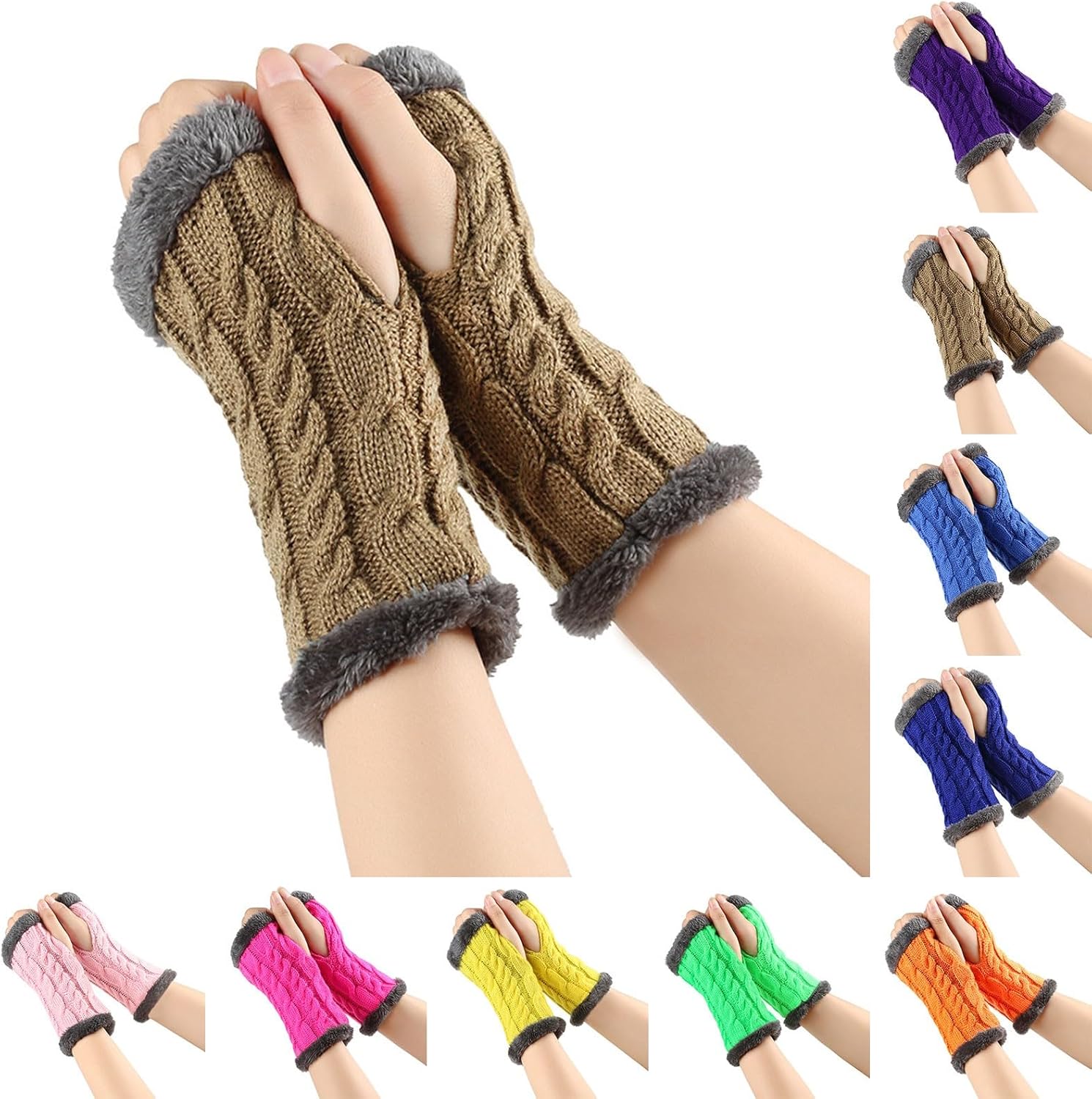 Womens Winter Arm Warmer Knit Fingerless Furry Gloves