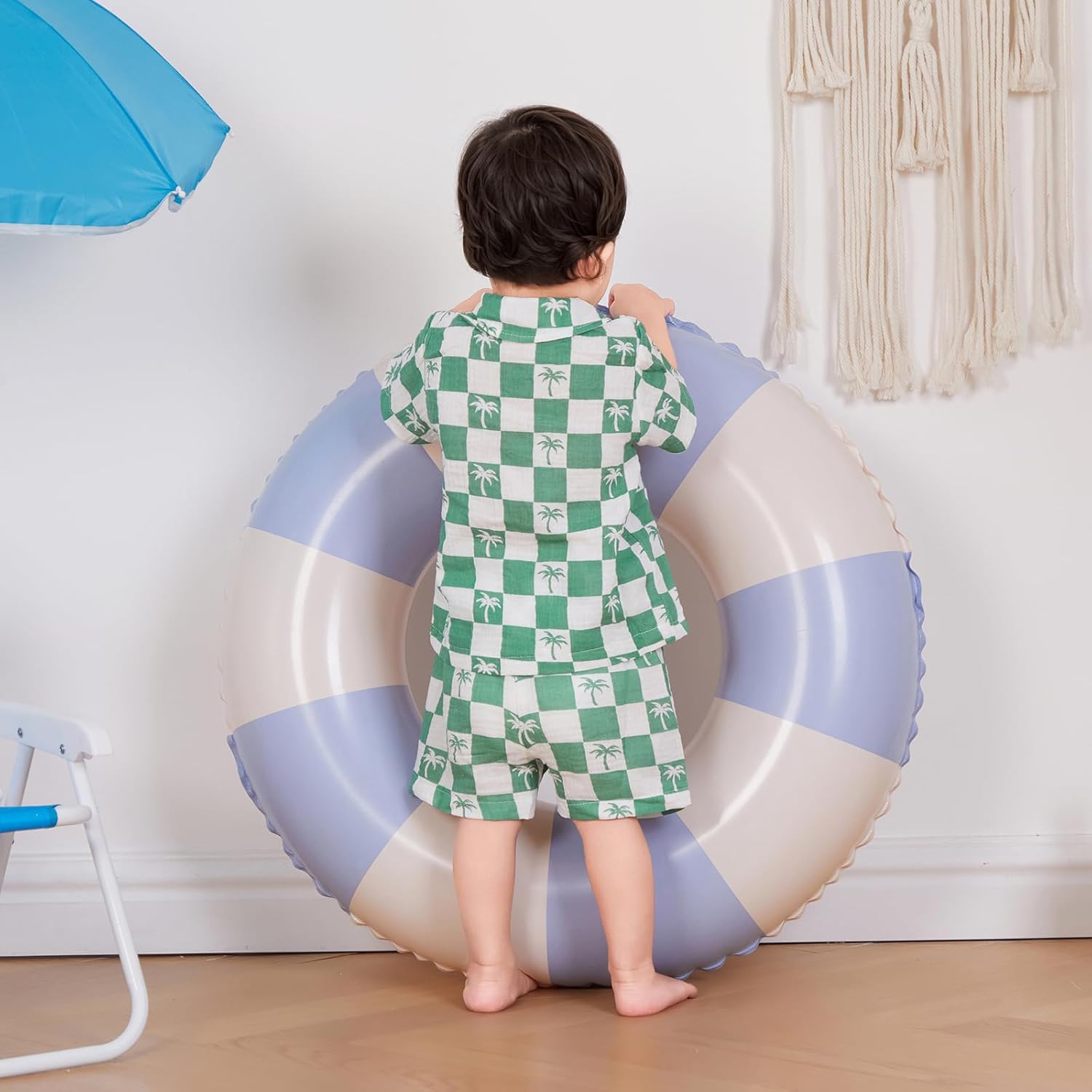 Mandizy Todd Mizy Summer Outfit for Boys - Cute Checkered Palm Tree Printing