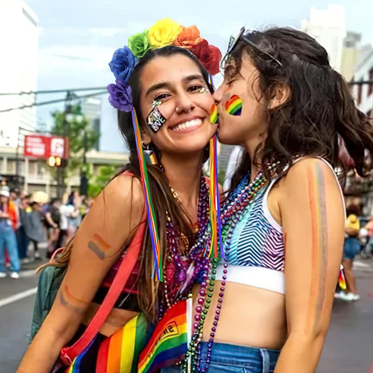 Epic Rainbow Rose Flower Headband with Tassels for Pride Day