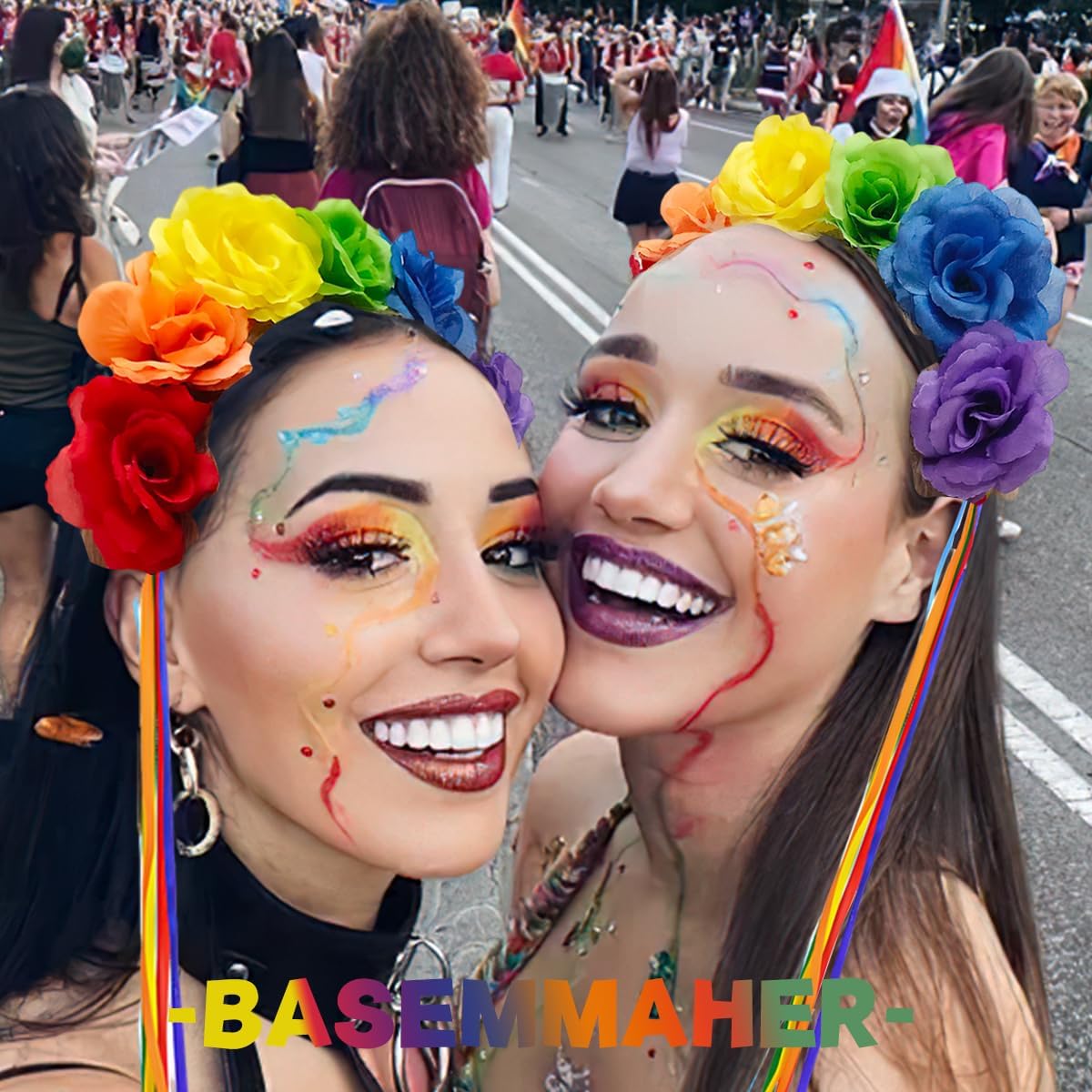 Epic Rainbow Rose Flower Headband with Tassels for Pride Day