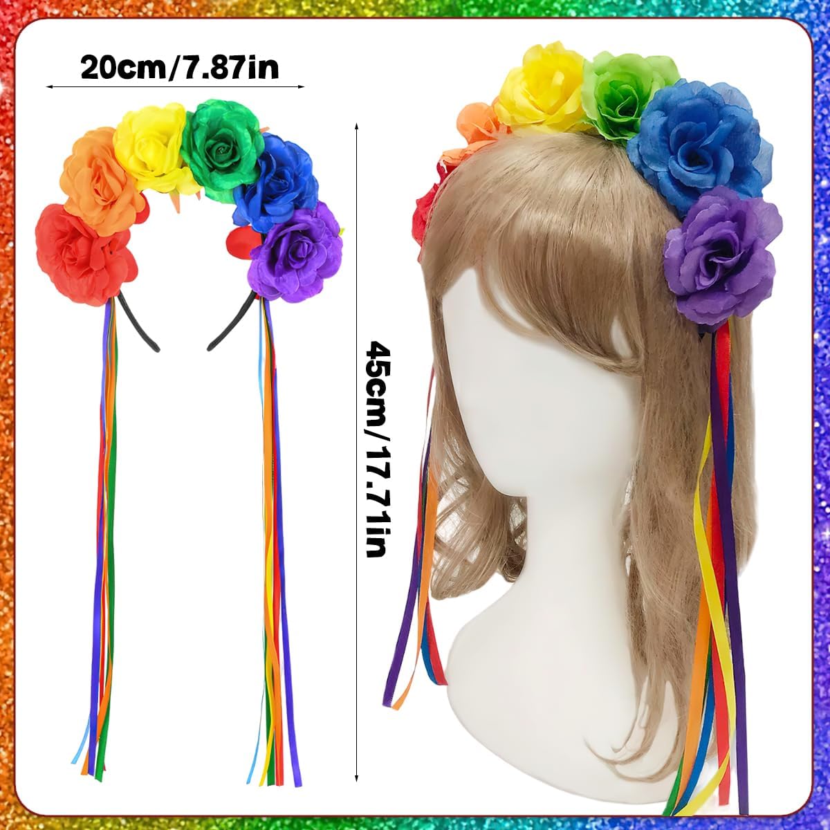 Epic Rainbow Rose Flower Headband with Tassels for Pride Day