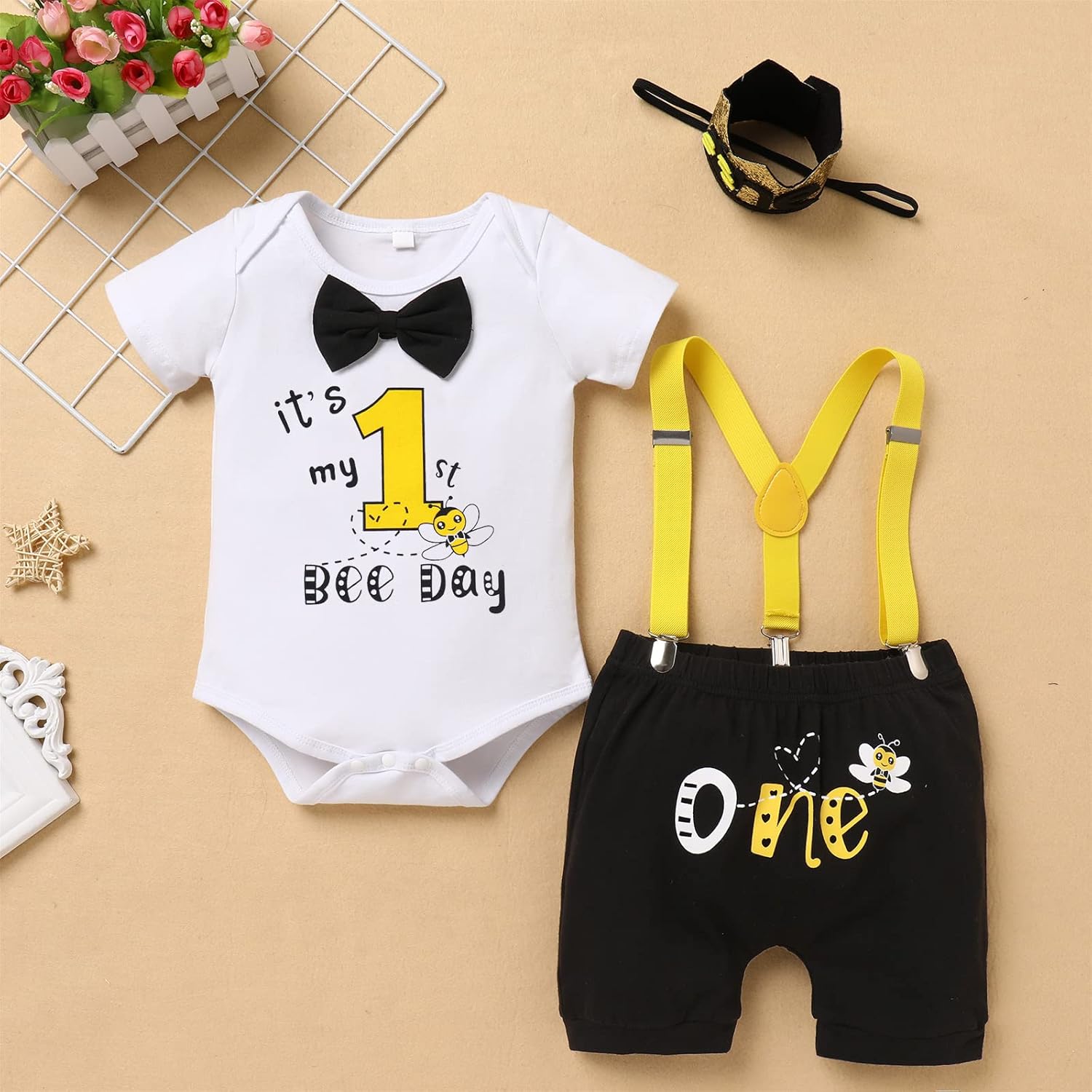 First Bee Day Baby Boy Romper Set