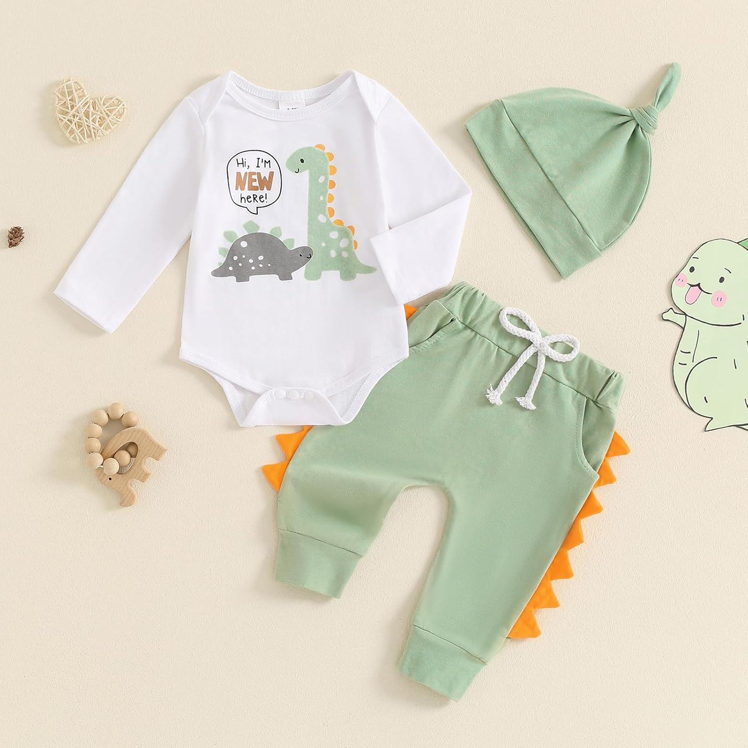 Newborn Baby Boy Dinosaur Romper Jogger Pants Hat Set