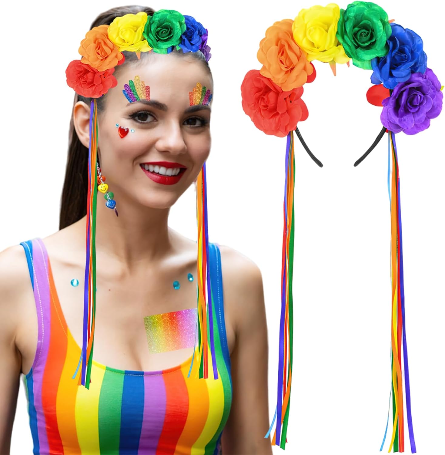 Epic Rainbow Rose Flower Headband with Tassels for Pride Day