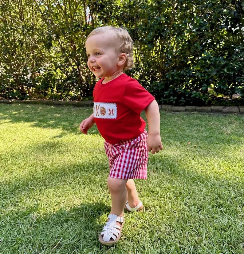 Socutebabe Toddler Baseball Short Sleeve T-Shirt Plaid Shorts Set