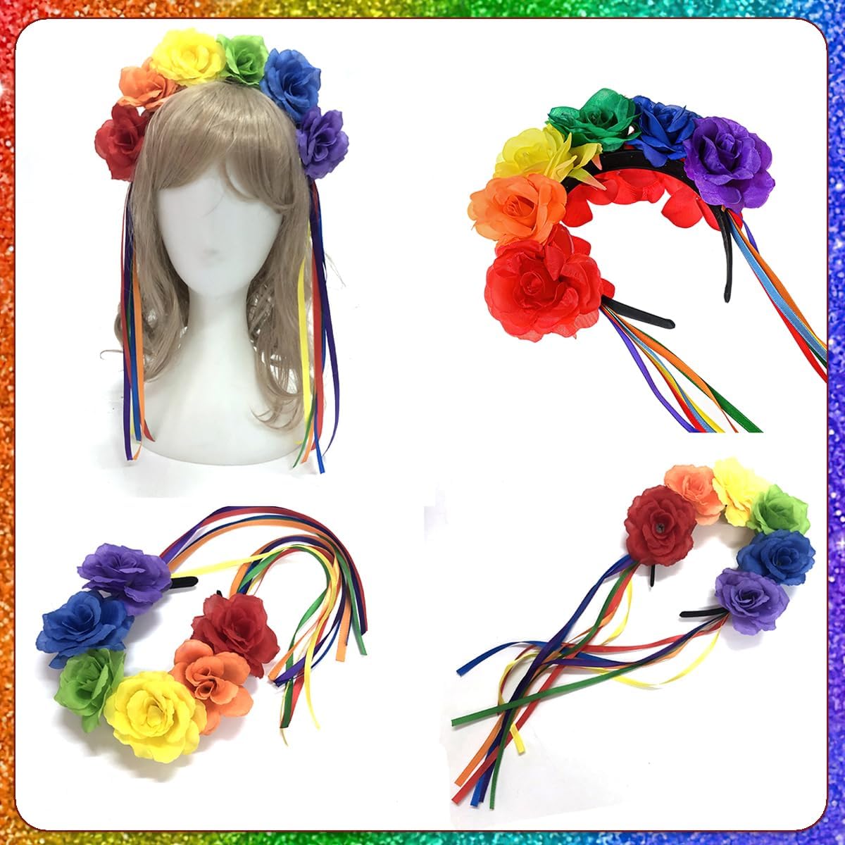 Epic Rainbow Rose Flower Headband with Tassels for Pride Day