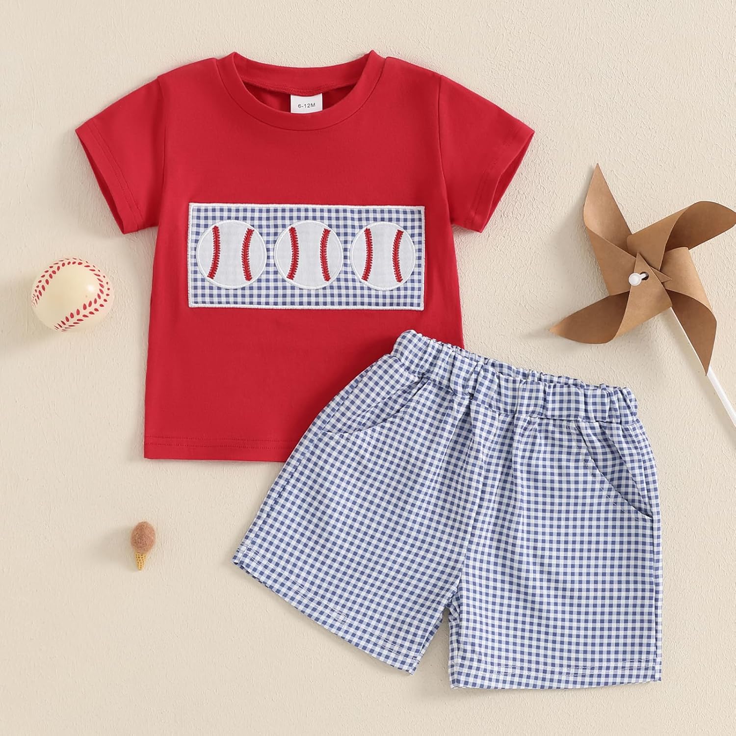 Socutebabe Toddler Baseball Short Sleeve T-Shirt Plaid Shorts Set