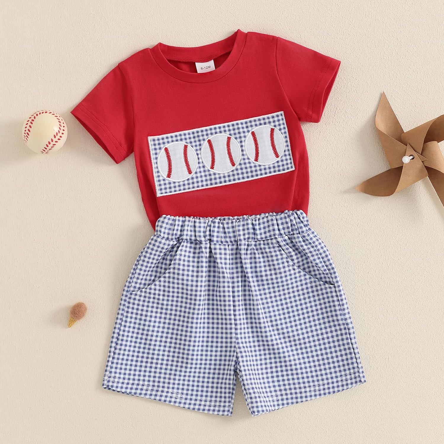 Socutebabe Toddler Baseball Short Sleeve T-Shirt Plaid Shorts Set