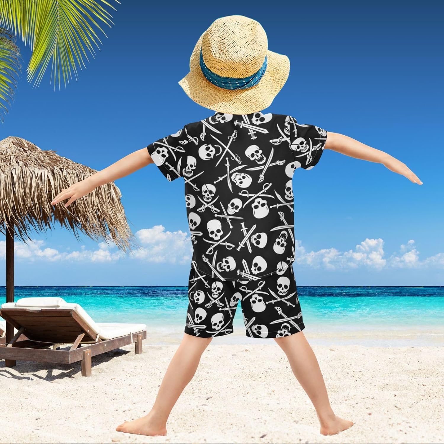 Boys Hawaiian Button Down Shirt Set with Swim Trunks for Summer